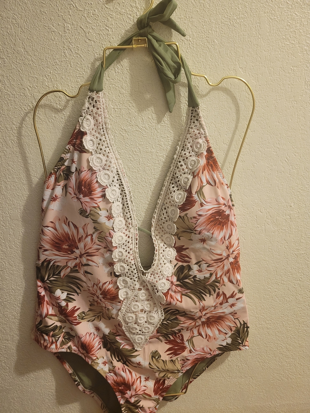 Kona Sol Floral Crochet Trim One-Piece Swimsuit — Pink, Green, White